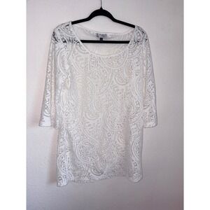 J Valdi White Paisley Lace Scoop Neck crotchet 3/4 Sleeve Top Style Large swim